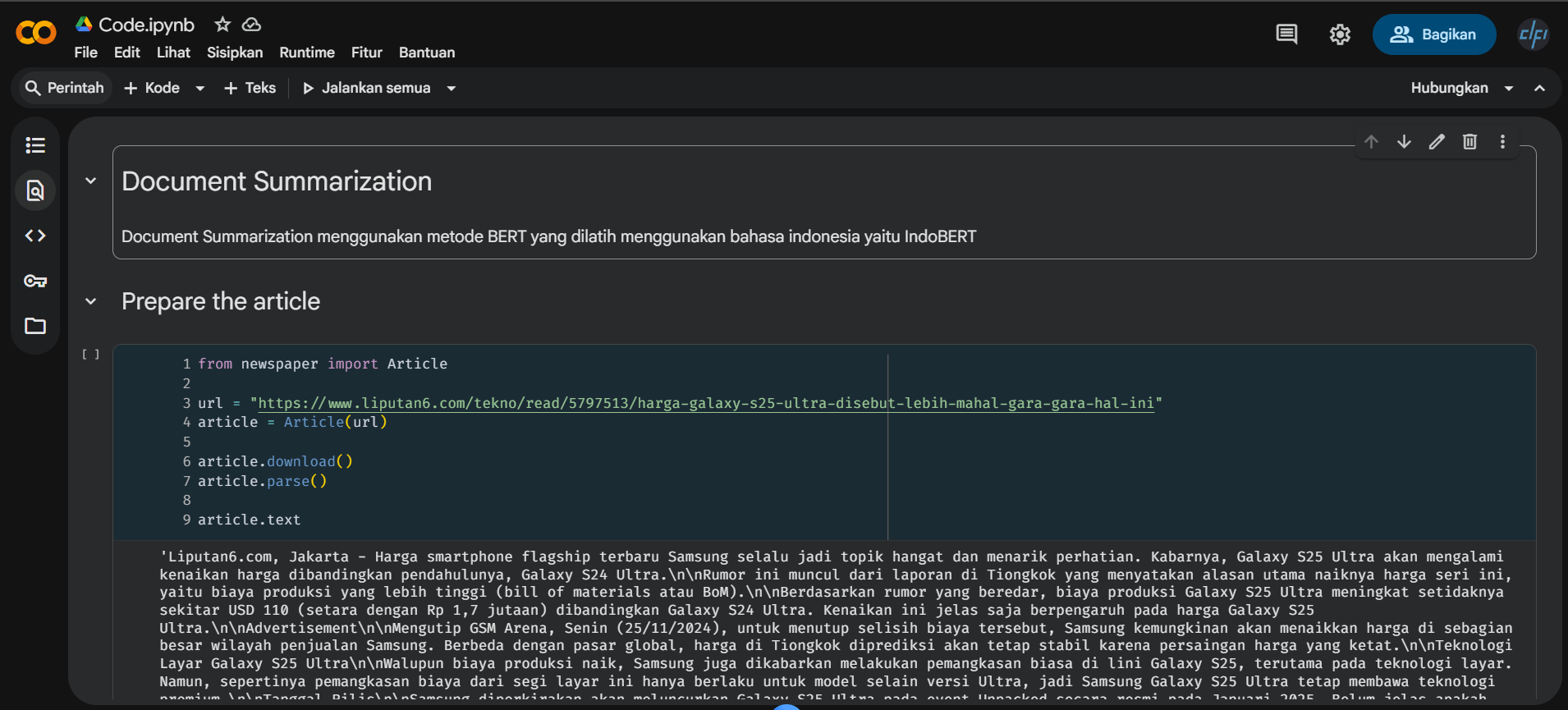Text Summarization on News Liputan 6